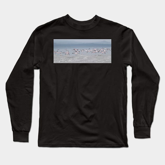 Take Off !  Flamingos at Lake Nakuru, Kenya Long Sleeve T-Shirt by Carole-Anne